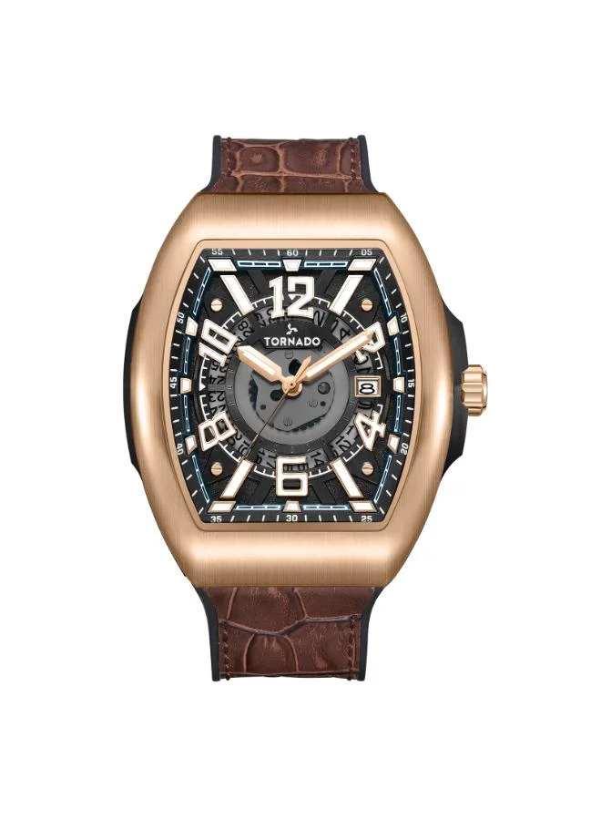 تورنيدو Men's Leather Analog Display Watch T25001-RLDB - 44mm